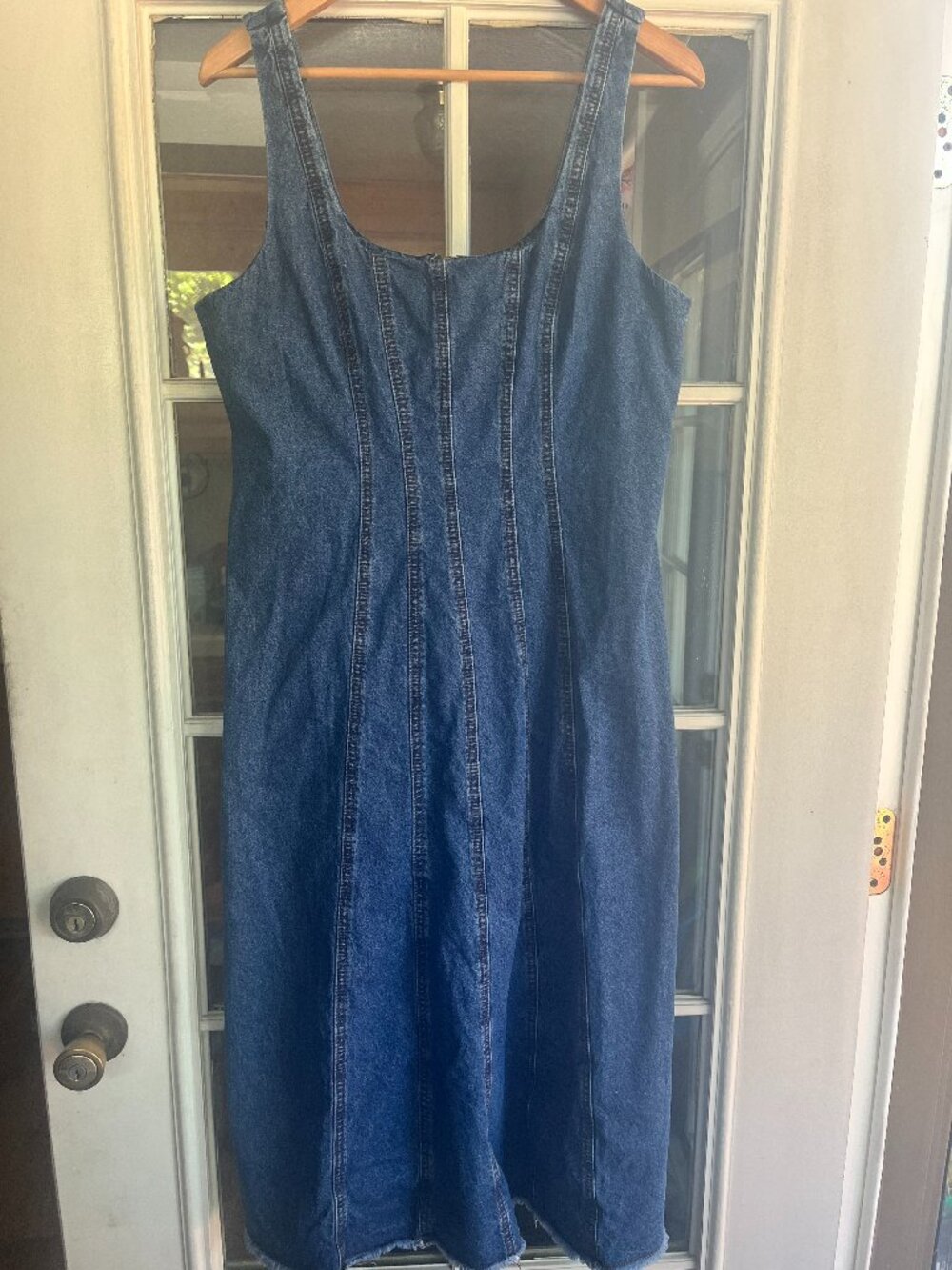 Timeless Joie Midi Large Denim Frayed Edge Sleeveless Dress back zipper
